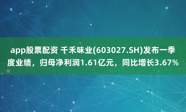 app股票配资 千禾味业(603027.SH)发布一季度业绩，归母净利润1.61亿元，同比增长3.67%